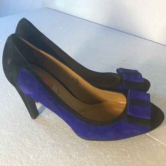 Isaac Mizrahi SZ 9 Isleah Black & Sapphire Blue Suede Bow Pumps Formal Pin-up - Picture 5 of 11